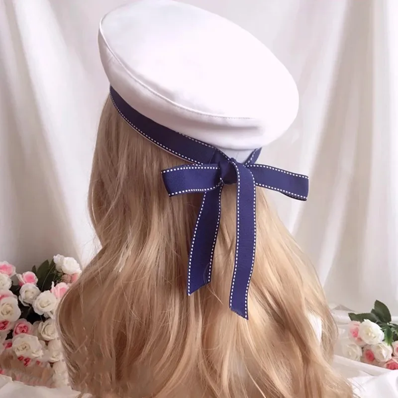 Girl Heart Soft Sister LOLITA Bow Ribbon Navy Wind Beret All-match Blue And White Hat Cosplay Performance Handwork Hair Hat Girl