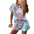 Женский спортивный костюм, комплект из двух предметов: топ и шорты с принтом тай-дай, шорты с эластичным поясом, повседневный спортивный костюм с коротким рукавом