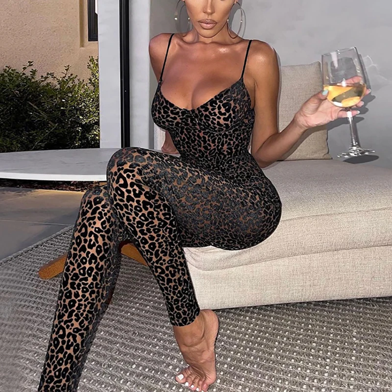

Backless Leopard Print Skinny Camisole Jumpsuit Women Mesh Low Chest Sleeveless Sexy Bodycon Clubwear One Piece Hipster Overalls