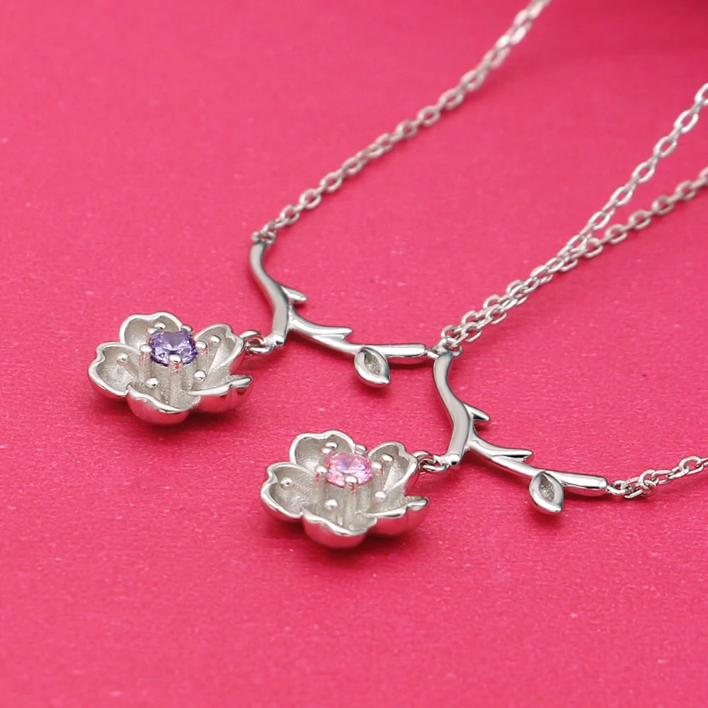 Новый дизайн 100% S925 Серебряное дерево ожерелье ветка красивый вишневый цветок