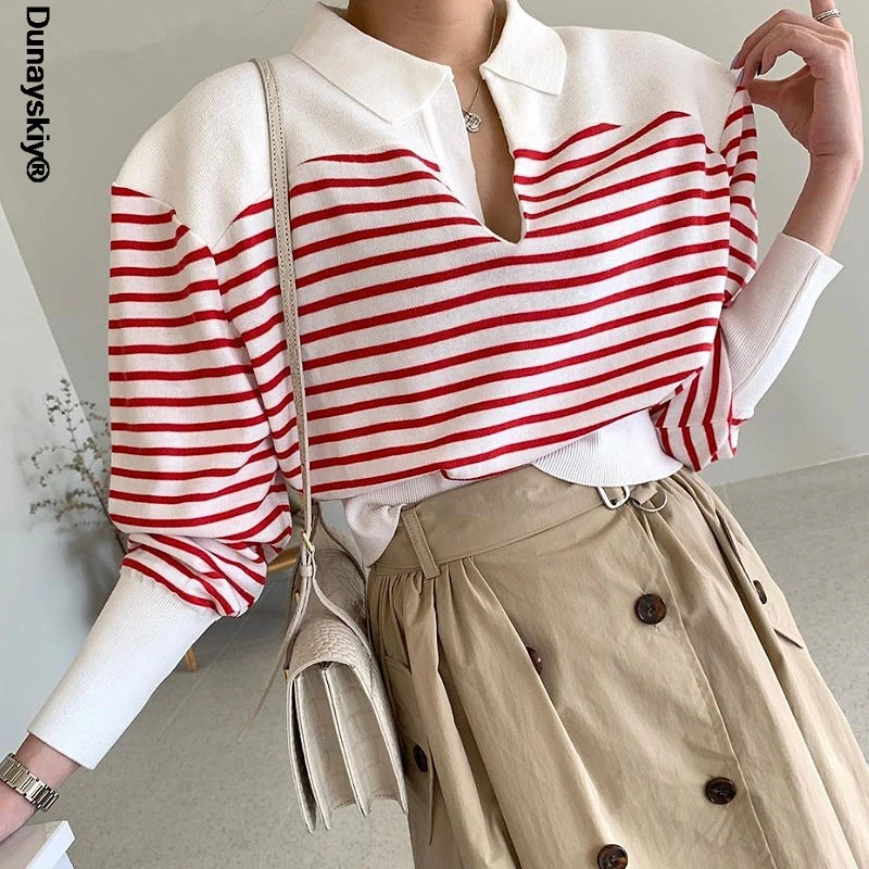 

Vintage Striped Hit Color Lapel Loose Puff Sleeve Pullover Knitted Sweater Women Autumn Casual Top Korea Style Pulover Feminino