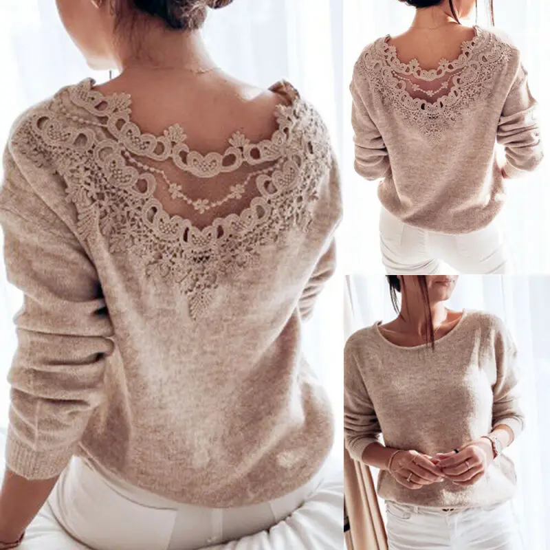 

Fashion Womens Tops and Blouses Sexy Long Sleeve Shirt Casual Floral Lace Blouse Loose Knitted Top Tee Shirt Retro Clothing