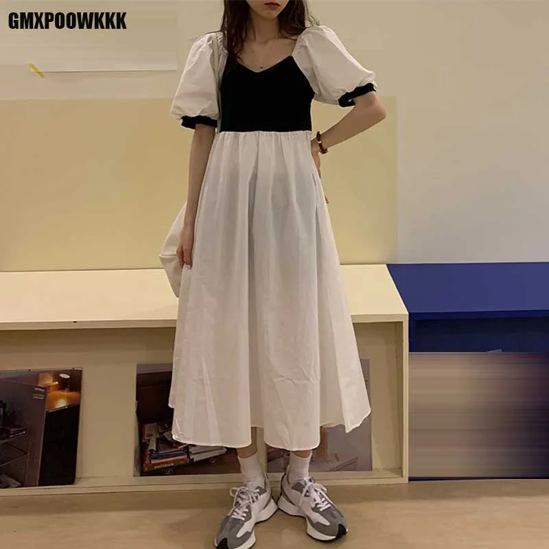 

Korean Dresses One-Piece Summer New Women Slim Puff Sleeves Dress Elegant Fashion 2021 Office Ladies French Dress Midi Dresses