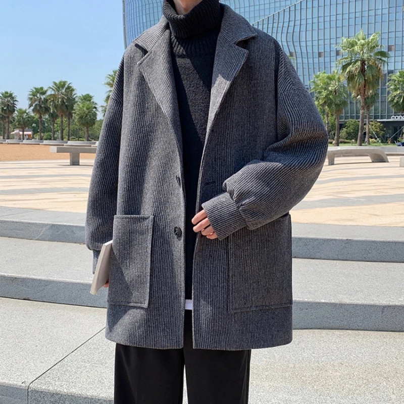 

Autumn and winter new style Korean retro lapel mid-length woolen coat men's trendy brand loose wild casual windbreaker jacket