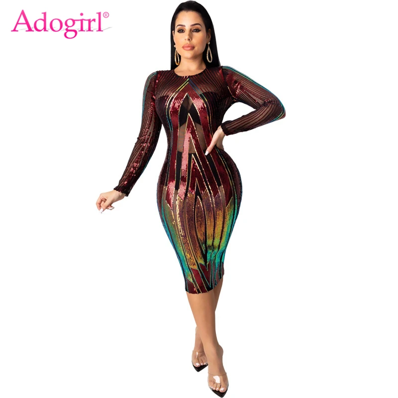 Adogirl/яркое прозрачное Сетчатое облегающее платье с блестками круглым вырезом