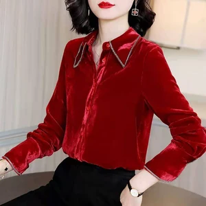 Повседневные Бархатные рубашки со стразами и отложным воротником, блузка с длинными рукавами, Женские Элегантные Короткие топы на осень, Новая мода