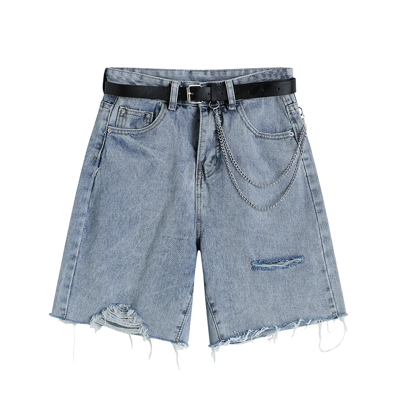 

Женские джинсовые брюки ZCSMLL, летние корейские свободные прямые шорты с рваными необработанными краями и цепочкой на талии