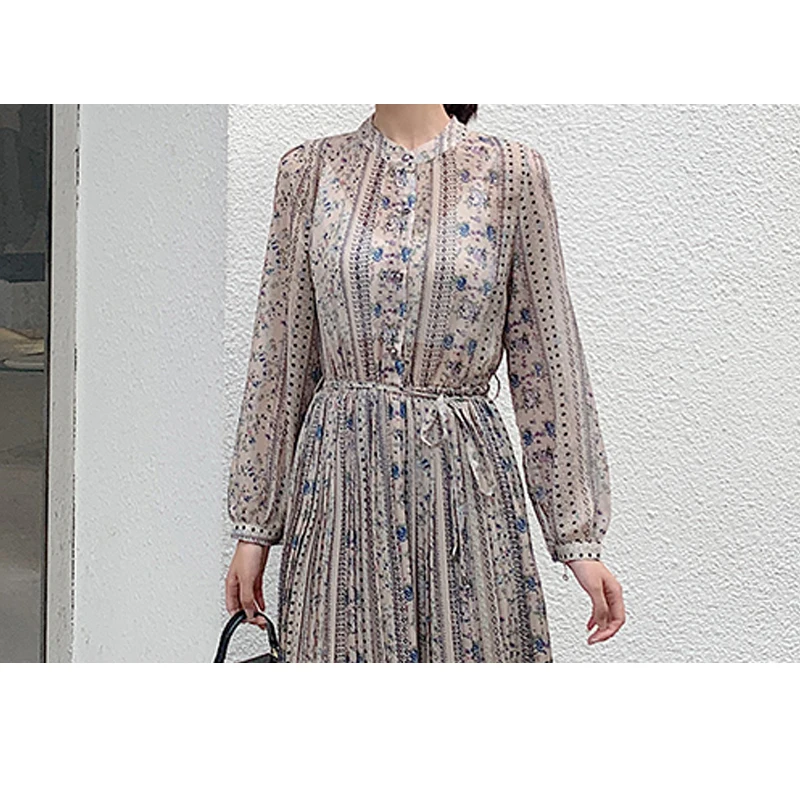 Женское шифоновое платье с круглым вырезом длинным рукавом|Женские платья| |