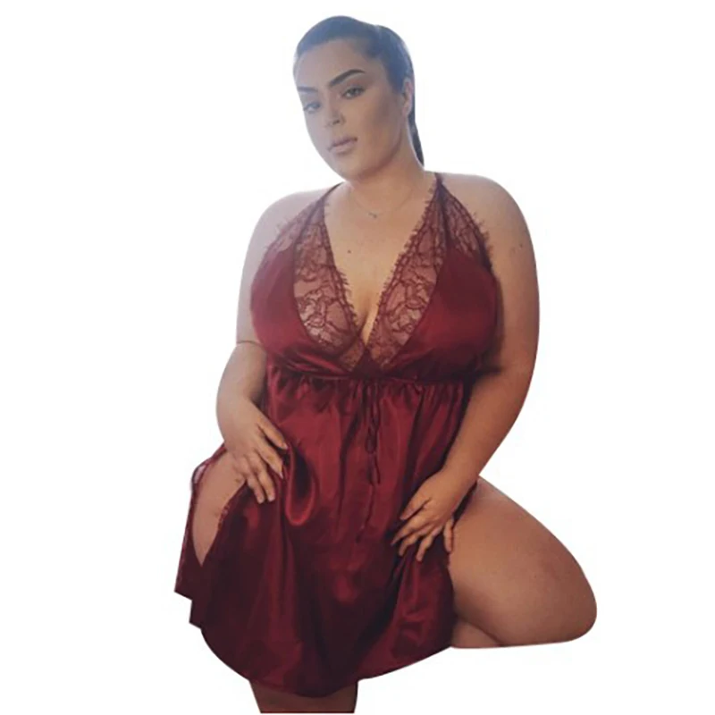 Размера плюс женский слитный пижамный комплект пикантная атласная ночная