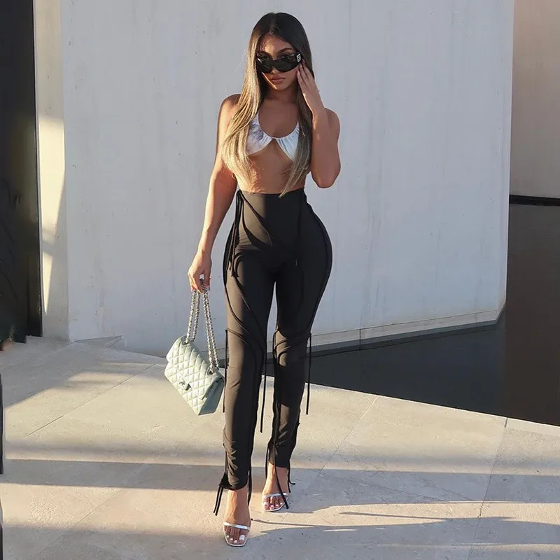 

Women Spring Skinny Pants, High Elastic Waist Full-Length Tight Leggings with Cropped Straps for Girls, 2 Colors