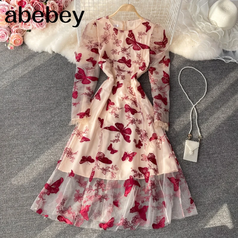 

2021 New Summer Temperament O-neck long sleeve Dress high waist Butterfly Embroidery mesh patchwork A-line Dress