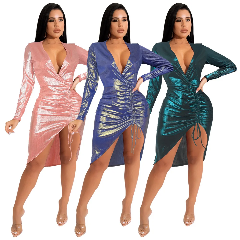 

Sexy Cross Side Drawstring Long Sleeve Dress Deep V-Neck Hip Wrap Skirt Solid Color Tight Dress