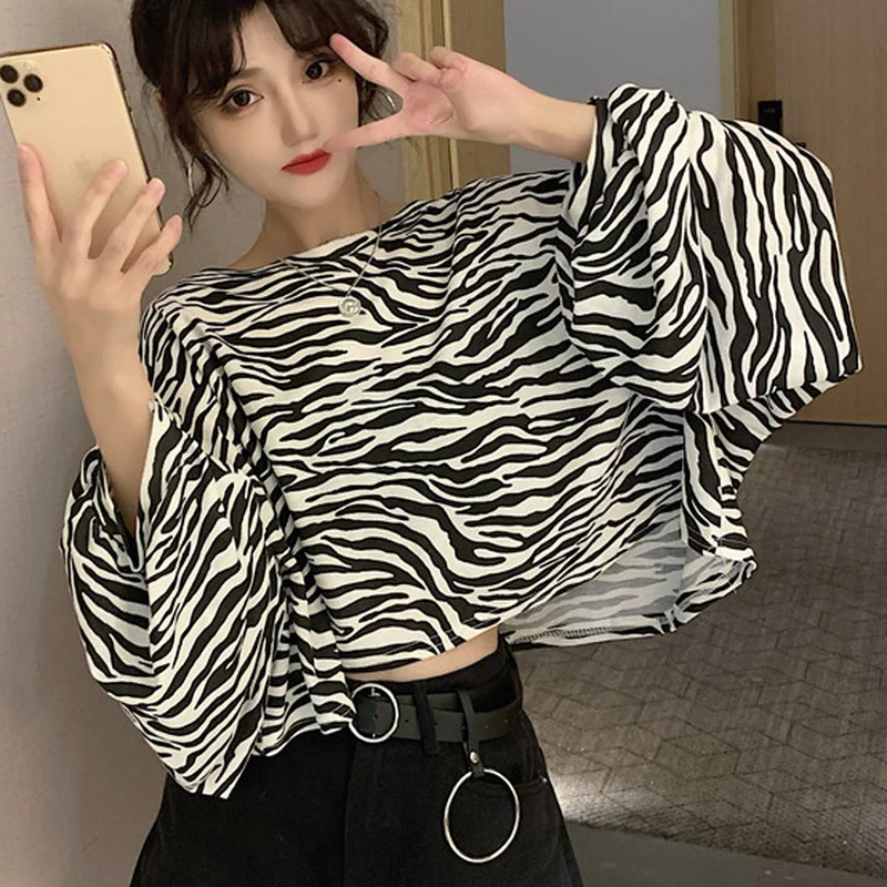 

Pullovers Women Fashionable Zebra Pattern Clothing Harajuku Oversized Lantern Sleeve Spring Casual All-match Ulzzang Vintage Ins