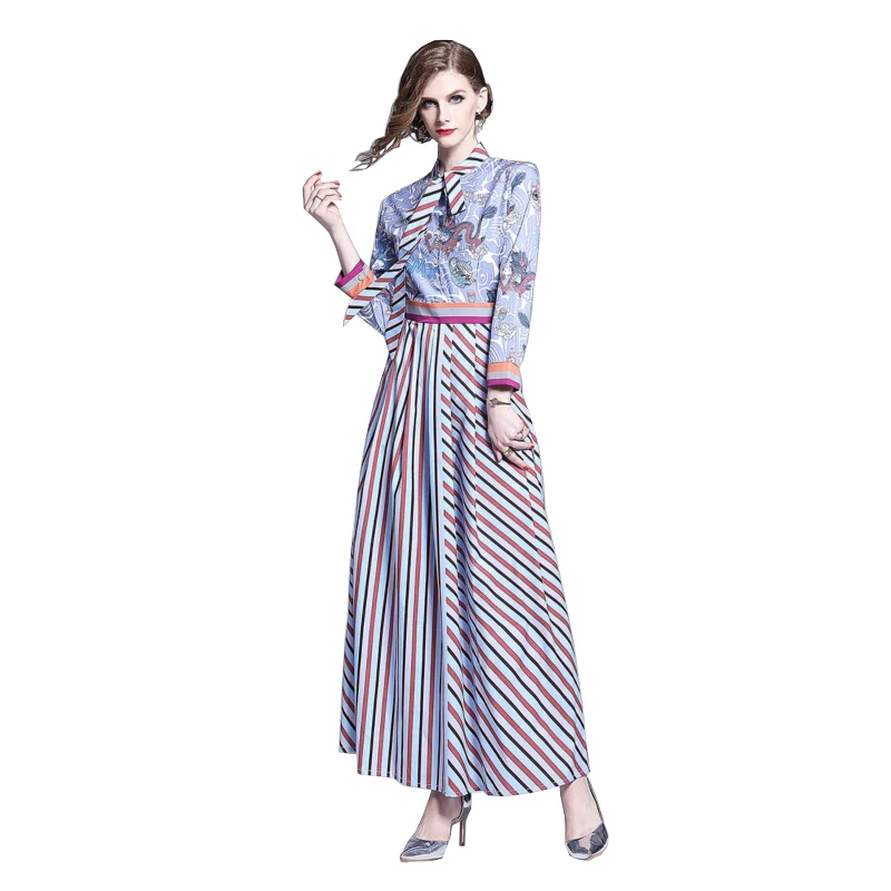 

2021 Summer Fall Runway Letter Floral Print Collar Ribbon Tie Neck Long Sleeve Women Robe Party Casual Empire Waist Maxi Dress