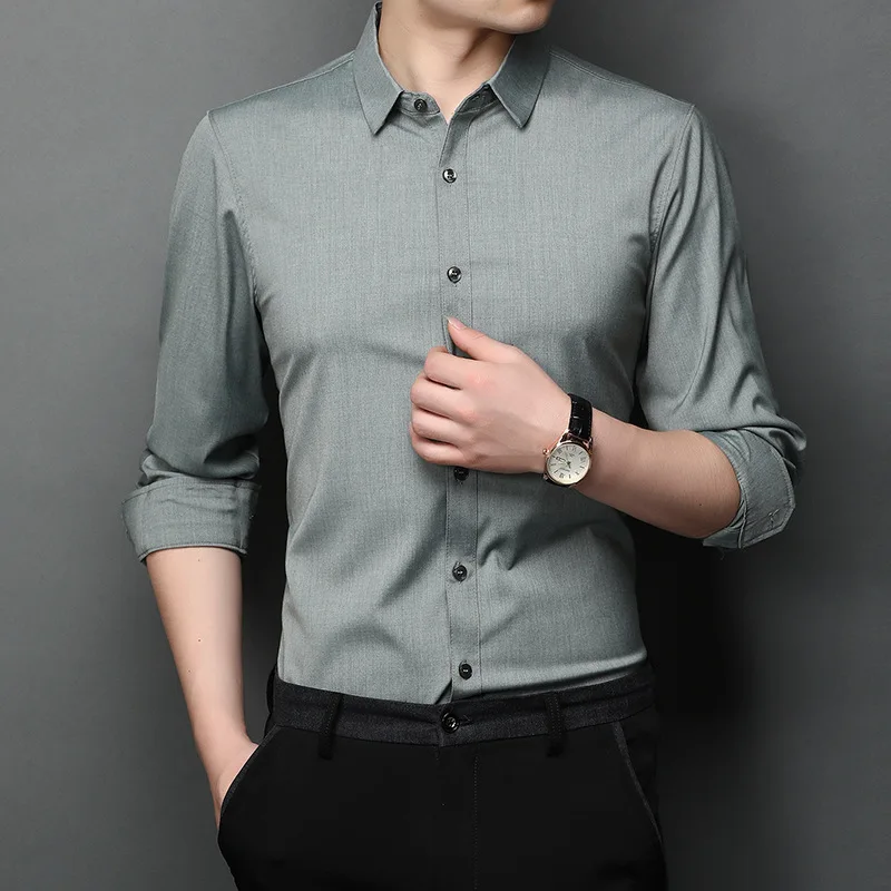 

2021 spring new men's slim shirt leisure fashion young men's business solid color Top Men's shirt