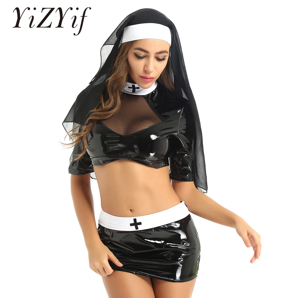 Women's Fancy Naughty Nun Cosplay Costume Halloween Role Play Outfit Mock Neck Crop Top with Mini Bodycon Skirts and Headpiece