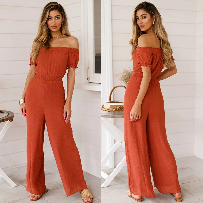 

2021 Women Fashion Slim Jumpsuits Short Sleeve Off Shoulder Overalls Solid Casual Loose Trousers Streetwear One Piece Outfits