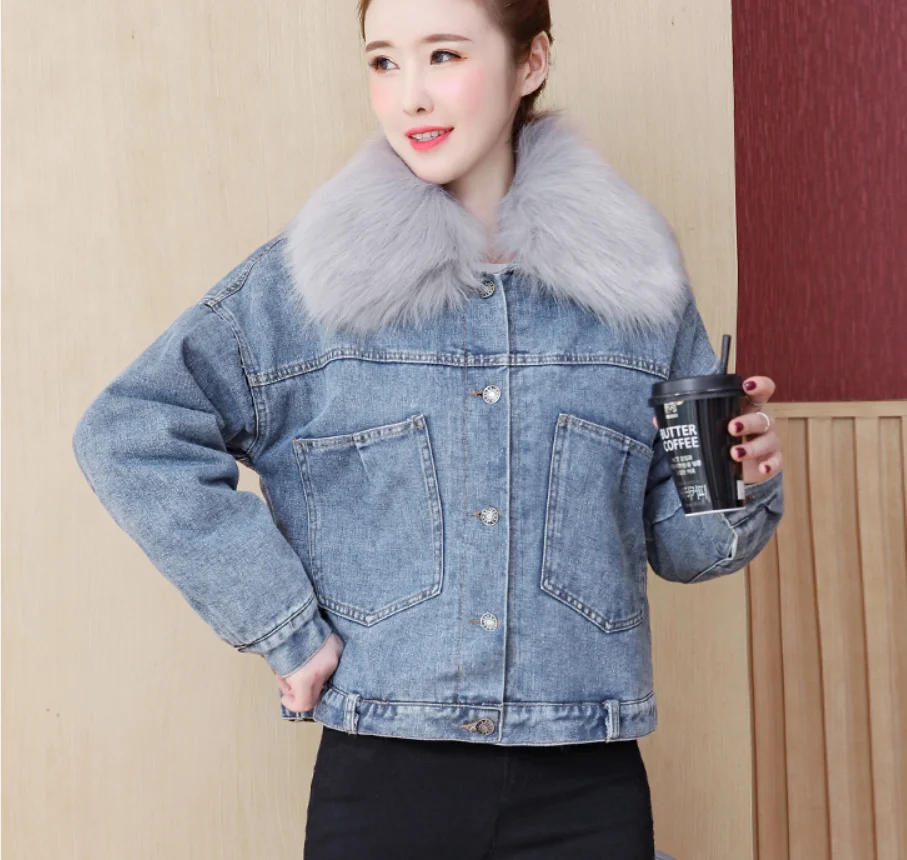 Джинсовая куртка осень-зима 2018 Новая женская бархатная свободная тонкая с