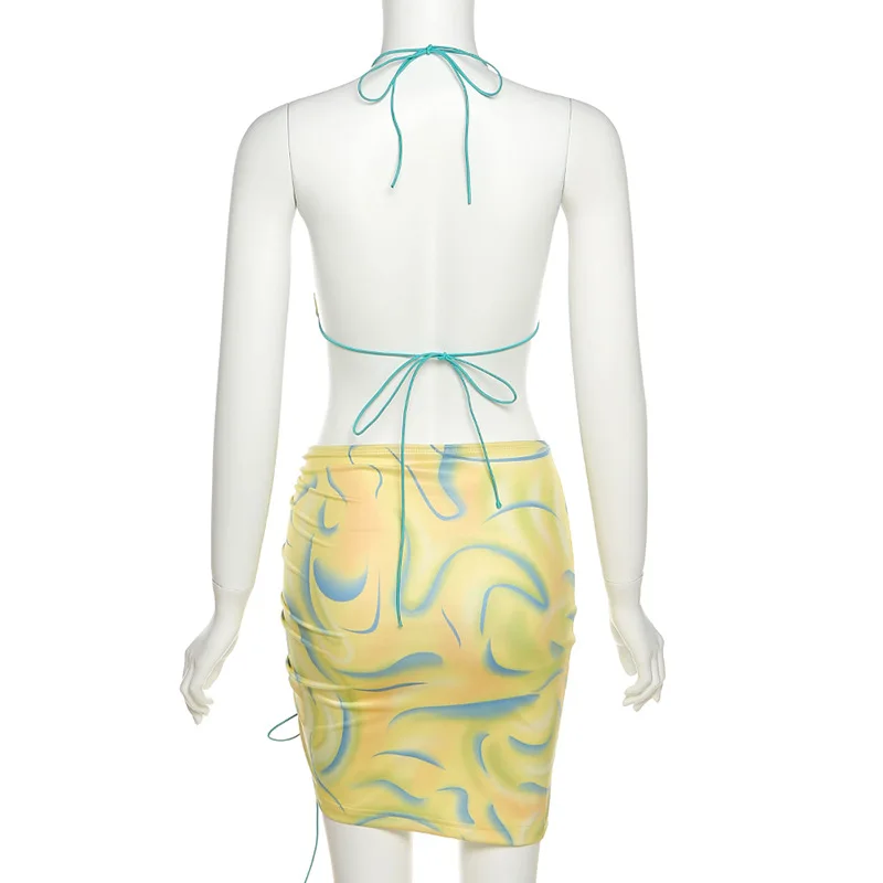 

BOOFEENAA Sexy Yellow Print Two Piece Short Set for Women Vacation Beach Outfits Summer 2021 Bikini Top and Mini Skirts C83-BC13