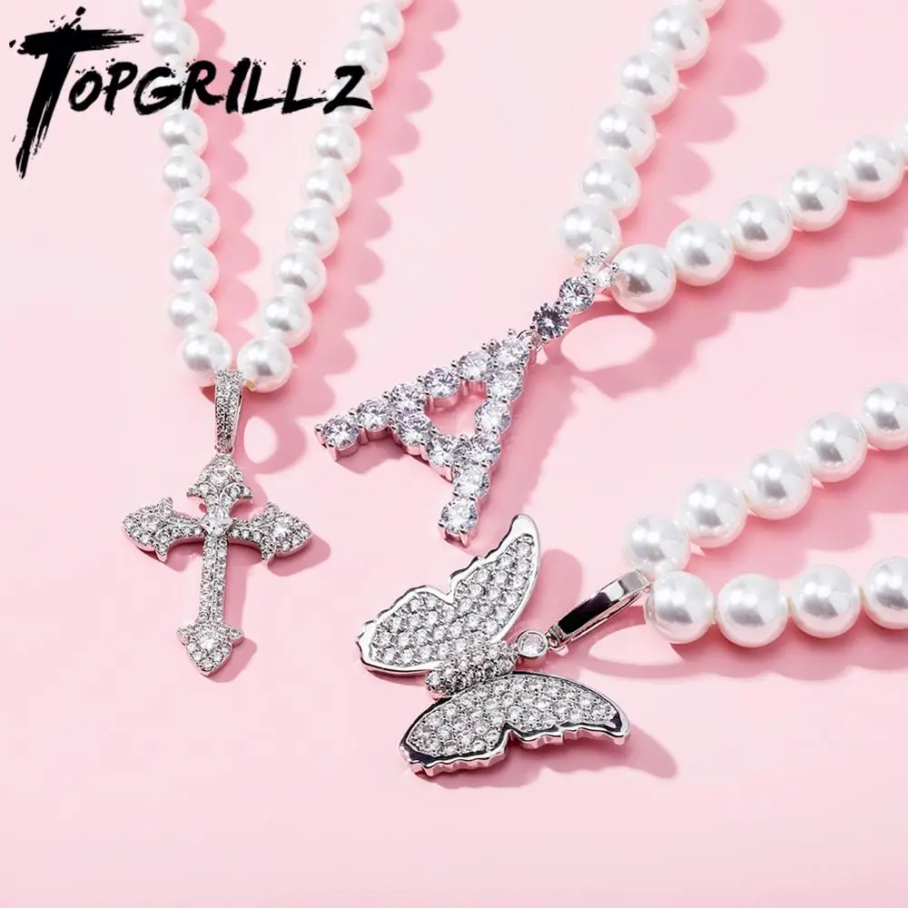 

TOPGRILLZ 6 мм 8 мм винтажная мода, белый жемчуг ожерелье со льдом кубического циркония Крест/бабочка кулон Ювелирное Украшение для женщин