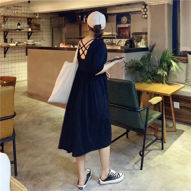 

Korean Style Spring Summer Black Oversize Dress Women Casual Loose Fitting Backless Design Cozy One Piece Cotton Linen Dresses