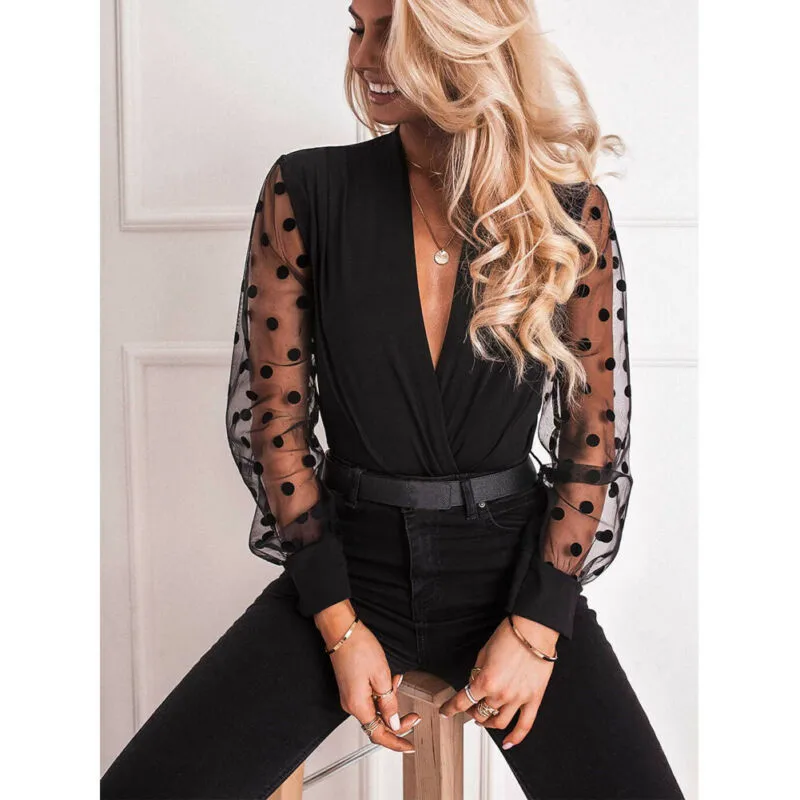 2020 women's blouse deep V-neck transparent polka dot mesh shirt Puff long sleeve top black shirt women's blouses party blouses