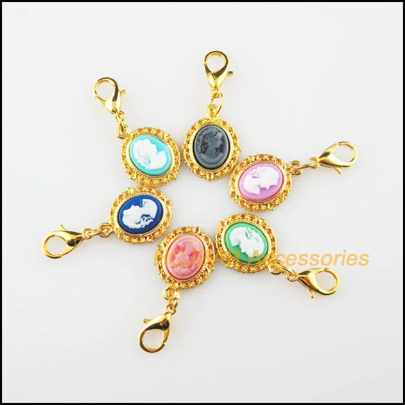 

12 New Beauty Mixed Charms Resin Oval Frame Pendants With Lobster Claw Clasps Gold Color 13.5x18mm