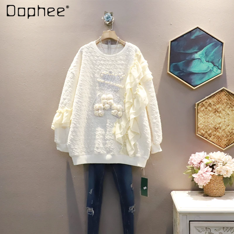 

Beaded Cartoon White Casual Pullover Autumn Winter New Korean Style Sweatshirts Female Long Sleeve Loose Velvet Sweatshirt