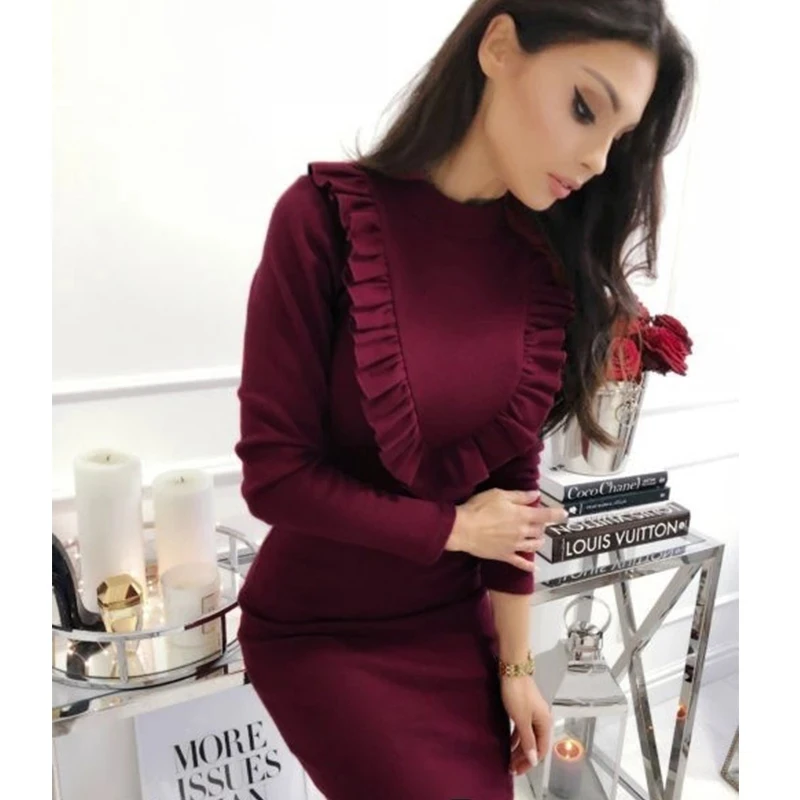 

Women Ruffles Sheath Sexy Dress Ladies Long Sleeve Autumn Winter Elegant Dress Fashion Casual Solid Mini Slim Party Dress