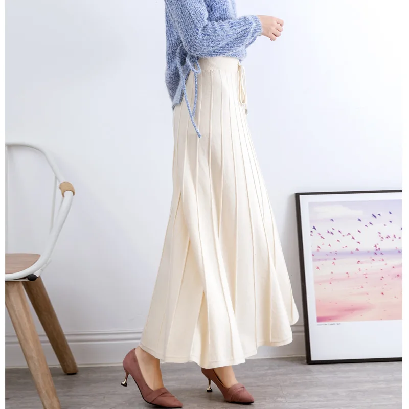 

Женская Длинная трикотажная юбка-трапеция с высокой талией, новинка 2020, осенне-зимние элегантные эластичные юбки, женские юбки, однотонная ...