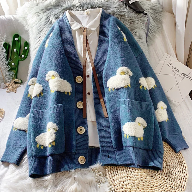 

JCHB Autumn Winter Knitted Female Cardigan Loose Streetwear Knit Sweater Coat Cute Cartoon Print v Neck Knitted Cardigan Women j