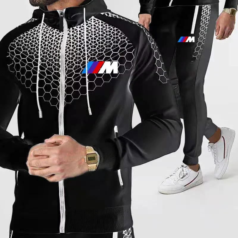 

2021 New high quality trend Suit Men's Sportswear Autumn New bmw logo print Fashion Trend Zipper Hoodie + Pants 2PC Sportswear