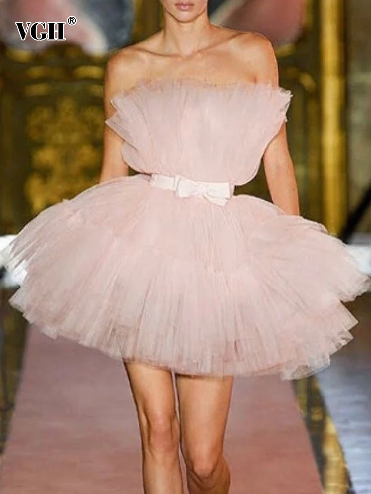 

Женское Сетчатое платье без рукавов VGH, лоскутное бальное платье с бантом и вырезом лодочкой, сексуальные мини-платья, 2022 стиль