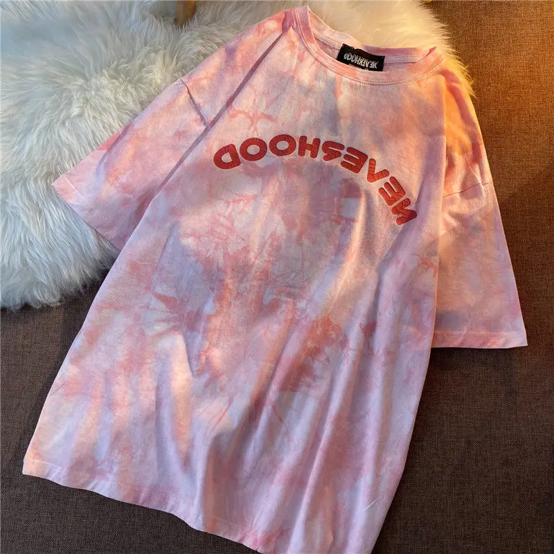 

Tie-dye Pink Short-sleeved T-shirt Female 2021 New Summer Korean Loose Harajuku Style Half-sleeved Student Top
