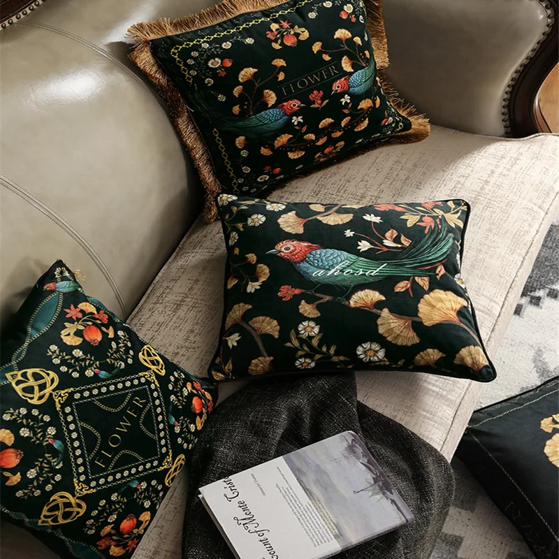 Elegant Retro Flowers Birds Pillow Cushion Cover Throw Decorative Pillows Tassel Cojines Decorativos Para Sofa Coussin Cushions