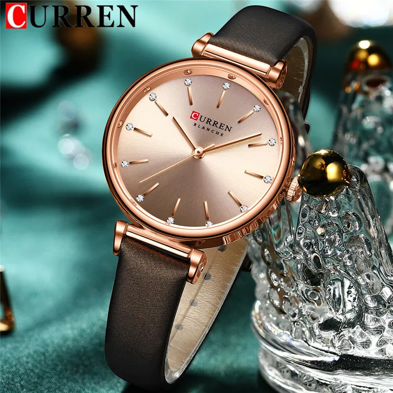 

Часы CURREN женские наручные водонепроницаемые, модные простые брендовые роскошные золотистые, с браслетом из натуральной кожи, 9081