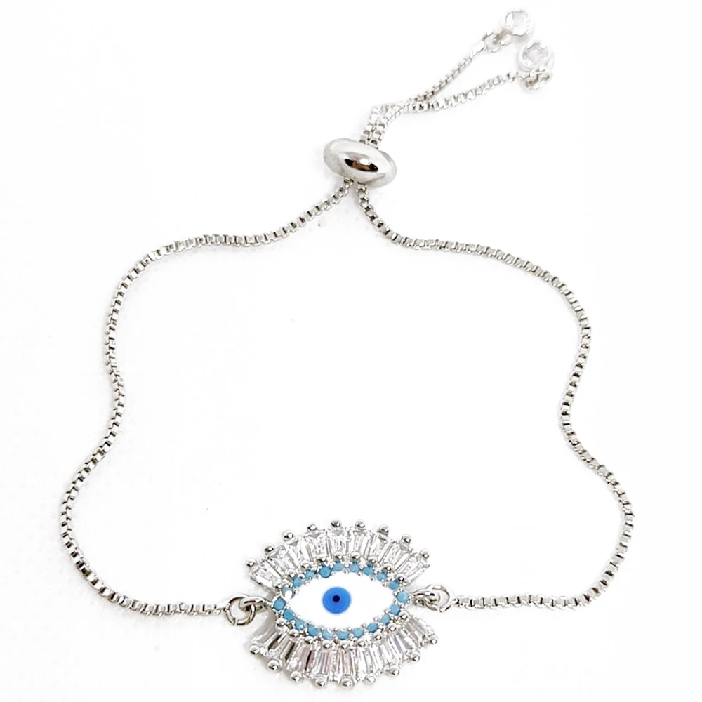 Серебряный браслет греческий глаз для женщин циркониевый синий от сглаза