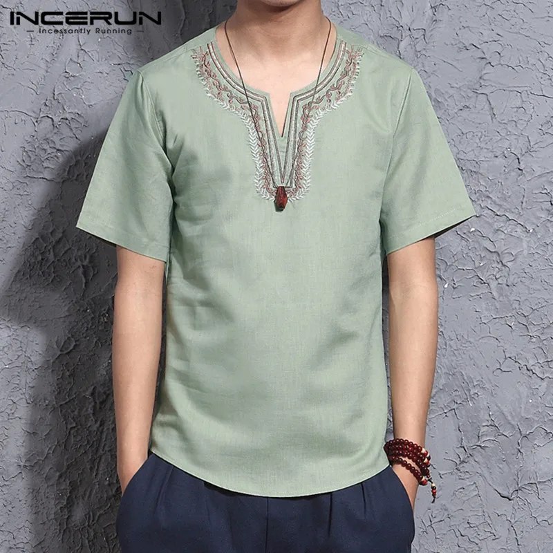 

Китайский Стиль мужские футболки с короткими рукавами для девочек, хлопковое платье, вышитое топы свободного покроя с v-образным вырезом ул...