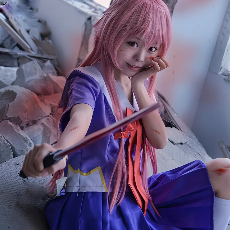 1 set Anime Future Diary Gasai Yuno School Uniform Tops Skirt Suit Wig Synthetic Hair Cosplay Costume Prop for Women Girl Gift |