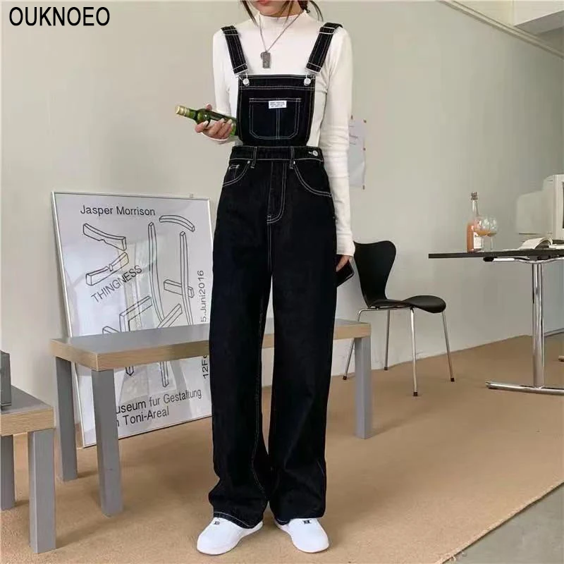 Комбинезон женский джинсовый в Корейском стиле черный прямой свободный