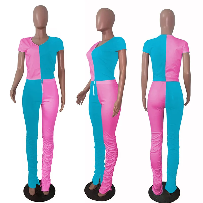 

Color Block Two Piece Set Summer Women Tracksuit Crop Top and Stacked Pant Bell Bottom Womens Outfits Matching Sets Sweat Suits