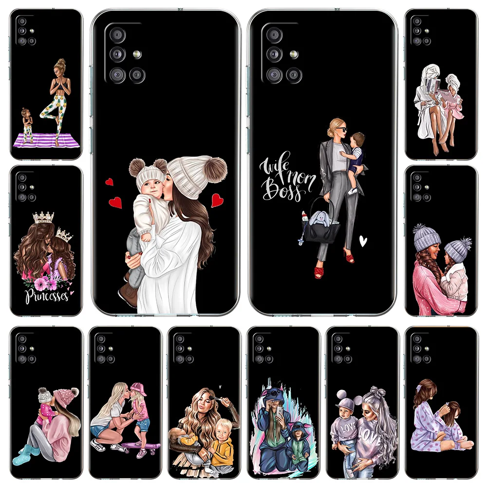 

Black Brown Hair Baby Mom Girl Son Luxury Phone Case for Samsung Galaxy A51 A71 A11 A31 A41 M31 A01 A21S Transparent Soft Cover