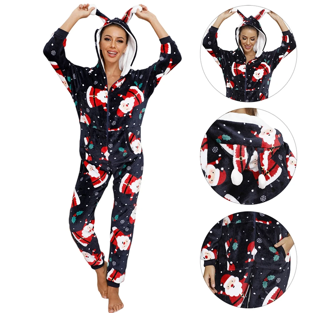 

Christmas Women Pajamas Set Winter Sleepwear Print Jumpsuit Casual Long Sleeve Zipper Hooded Romper Homewear Nightwear # ocpu