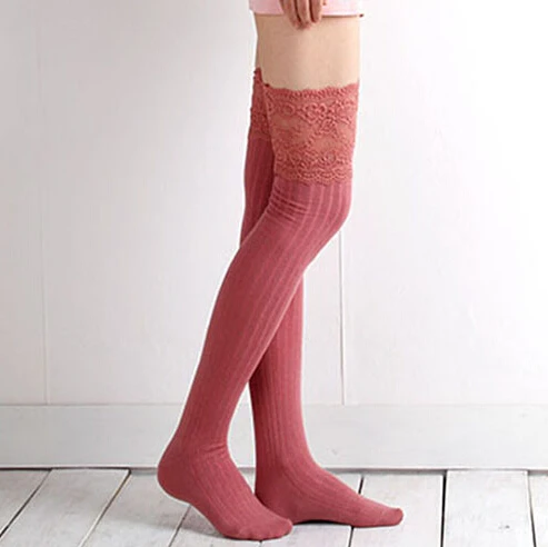 

1 pair 7 Colors Lace Cotton Knitting Over Knee Women fashion High Stockings Fall Summer Stockings