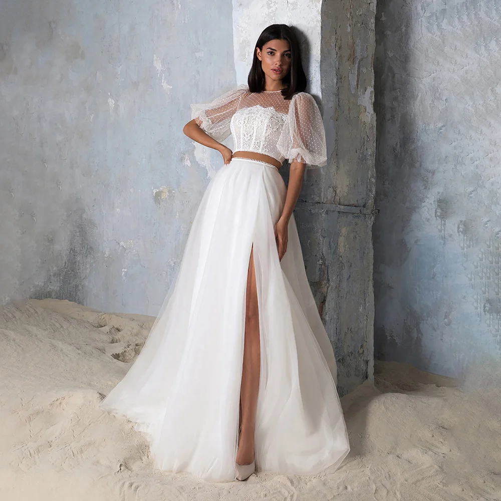 

Свадебное платье UETEEY трапециевидного силуэта с высоким разрезом, пуговицами, кружевной аппликацией сзади, блестящее свадебное платье со шл...