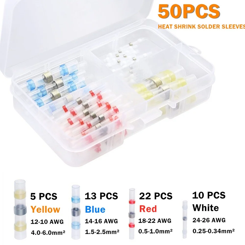 

50PCS Waterproof Solder Seal Sleeve Insulated Heat Shrink Wire Butt Connectors Soldering Terminals -Automotive Marine