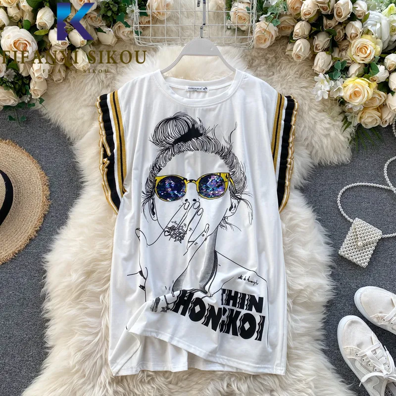 

White Print T-shirt Women Sequins Fashion Ruffle O-Neck Sleeveless T shirt Summer Casual Tees Loose Tops Female 2021 New