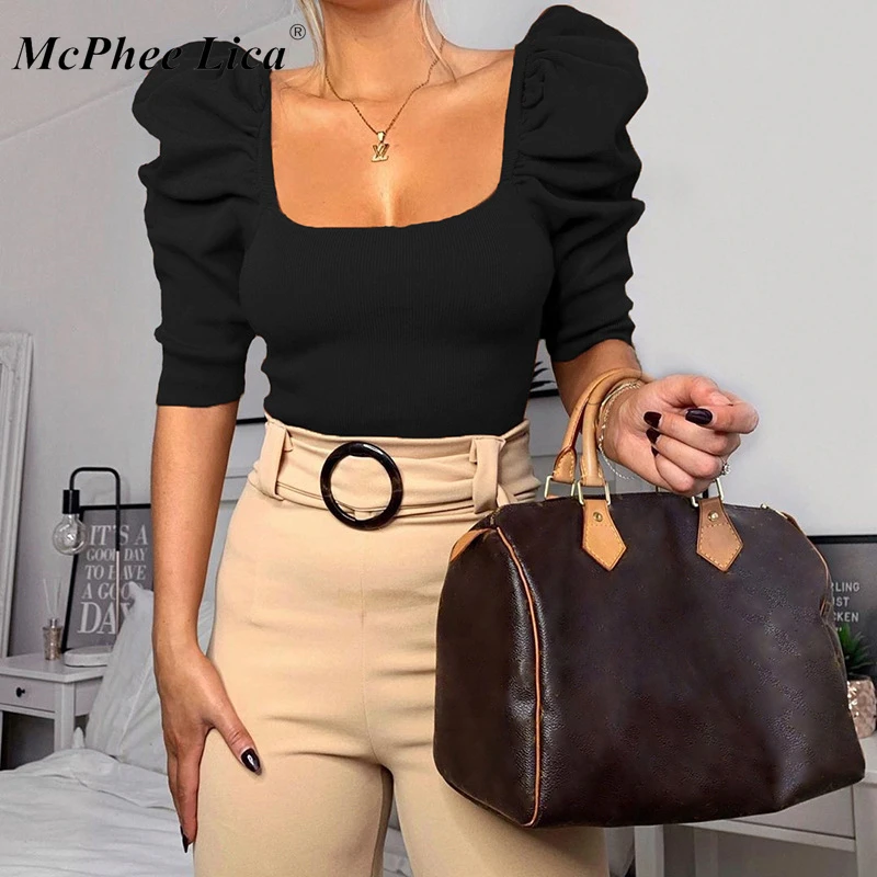 Винтажный буф рукав женская блузка квадратный вырез корейский стиль топы