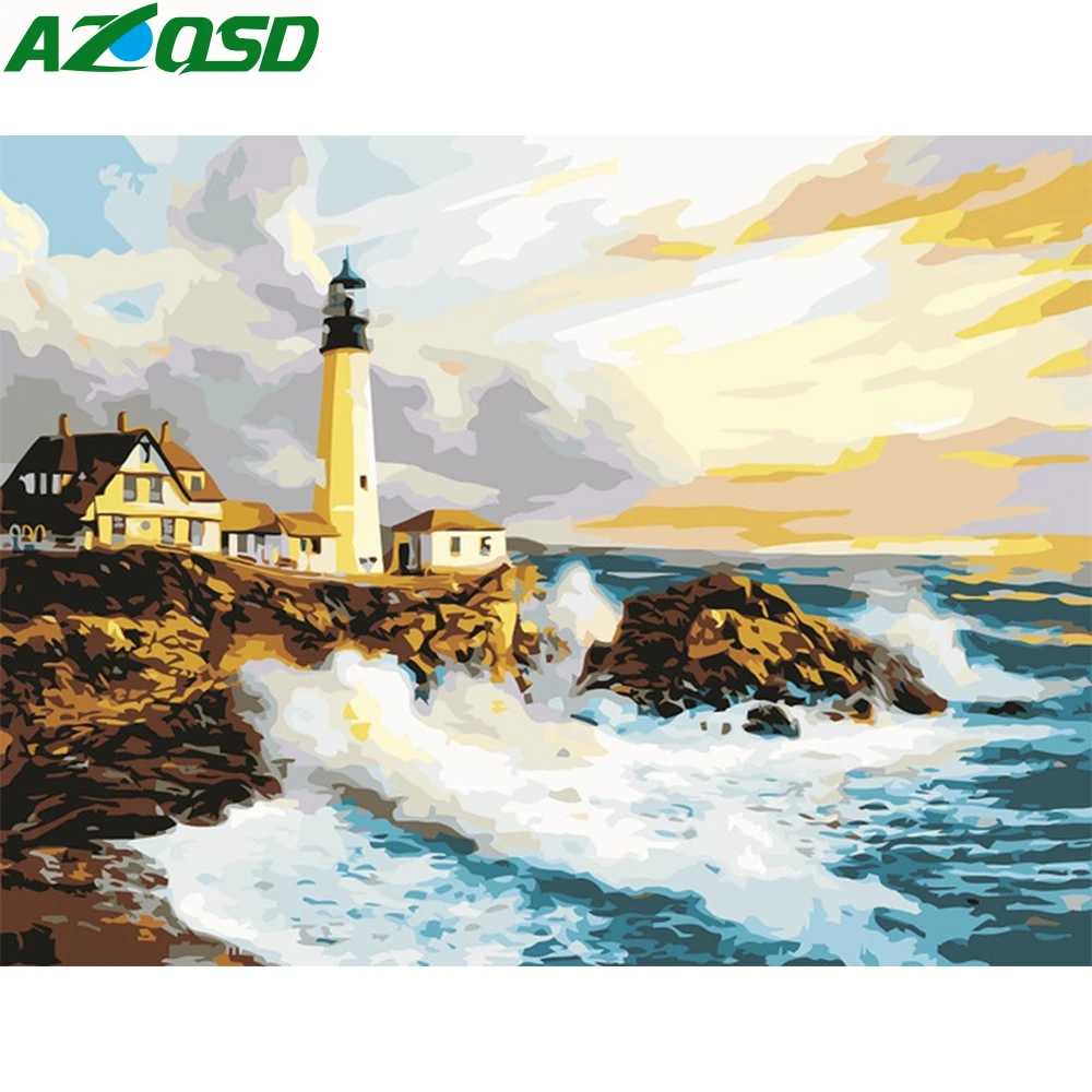 Картина AZQSD по номерам бескаркасная 40x50 см Маяк залива картина маслом на холсте