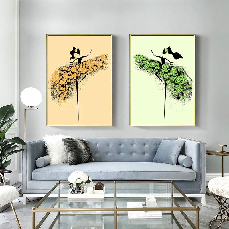 

Custom Abstract Wall Painting Beautiful Girl Dancing Orange Kiwi Slice Skirt Cute Girly Bedroom Canvas Print Decorative Poster